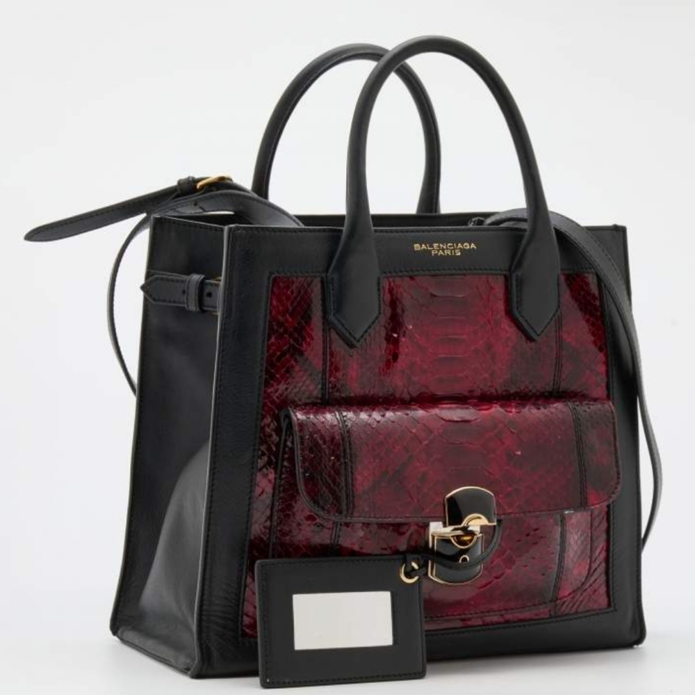 Balenciaga Black/Burgundy Leather and Python Padlock All Afternoon Tote